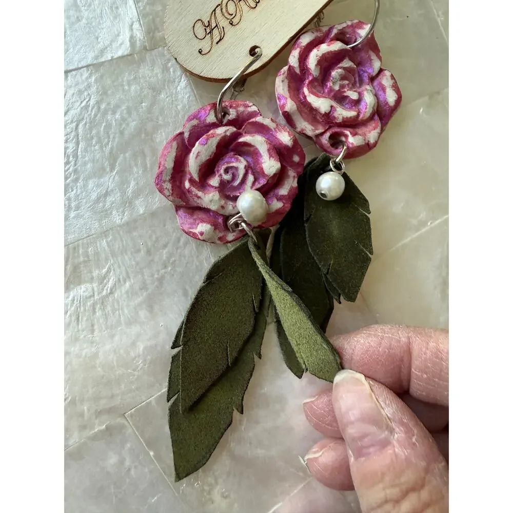 A Rare Bird Rose Leaf Pearl drop Earrings